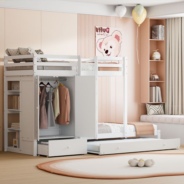 Etagenbett 90x200 cm mit Auasziehbett, Kleiderschrank und Schubladen–Massivholz,weiß