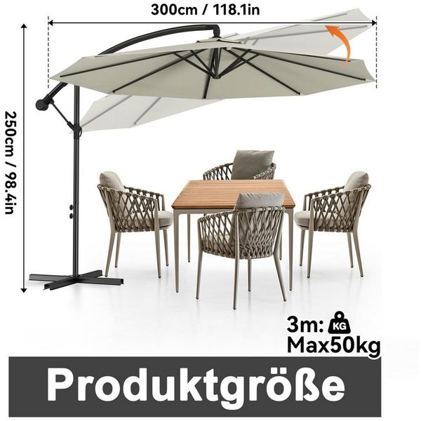 FIVMEN Sonnenschirm Freiarmschirm, Garten- und Terrassenschirm mit Kurbel, LxB: 250x300 cm, Ø300 cm