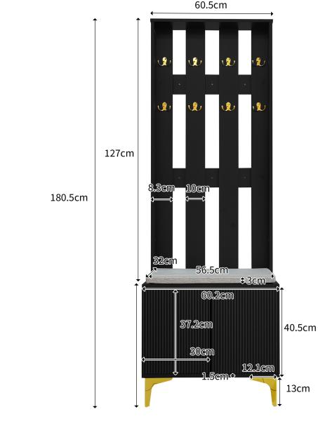 Merax Garderobenset mit Schuhbank und Kissen, Garderobenfront mit Haken, Schwarz Bild 4