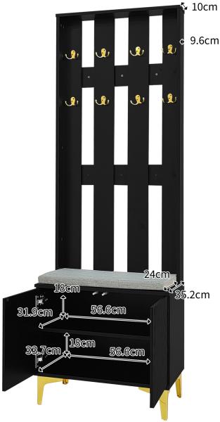 Merax Garderobenset mit Schuhbank und Kissen, Garderobenfront mit Haken, Schwarz Bild 5