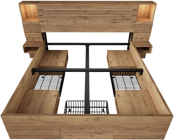 Merax Doppelbett Holzbett 180x200 cm mit LED-Downlights und USB Type-C, beleuchtete Nische, schwebende Nachttische, Unterbett-Stauraum mit Schubladen, Eichenoptik Bild 8