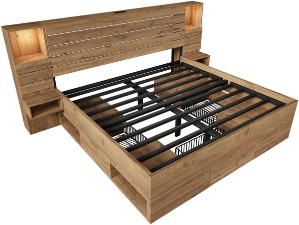 Merax Doppelbett Holzbett 180x200 cm mit LED-Downlights und USB Type-C, beleuchtete Nische, schwebende Nachttische, Unterbett-Stauraum mit Schubladen, Eichenoptik Bild 10