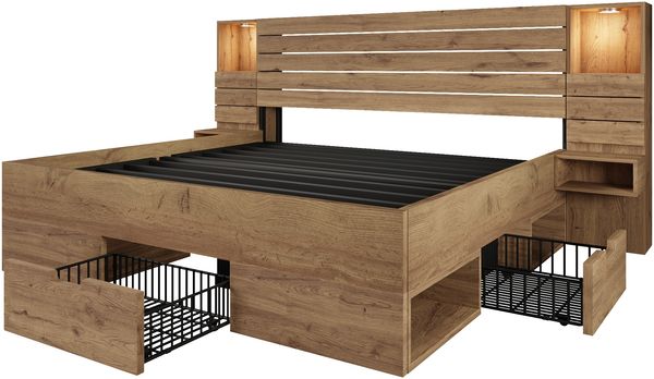 Merax Doppelbett Holzbett 180x200 cm mit LED-Downlights und USB Type-C, beleuchtete Nische, schwebende Nachttische, Unterbett-Stauraum mit Schubladen, Eichenoptik Bild 9
