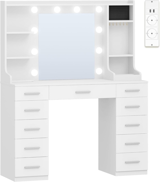 Große Schminktisch mit LED-Beleuchtung, Schminktisch mit Spiegel, Frisiertisch mit Steckdosen, 11 Schubladen und 6 Schmuckhaken, Geeignet für Schlafzimmer, Wohnzimmer, Weiß