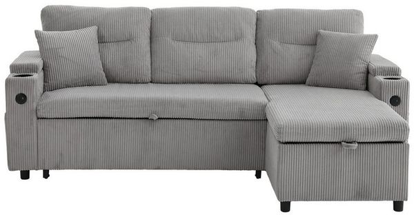 i@home Schlafsofa Modernes 3-Sitzer-Sofa mit Stauraum & Schubladenbett, Hydraulische Chaiselongue, USB-C-Ladestation, Becherhalter