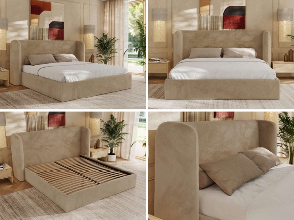 Polsterbett Bett mit Holzlattenrost Schlafzimmer Bett Doppelbett gepolstertes Kopfteil Pocket Matratze - EMORA CLASSIC - 180x200 cm - Beige Plüsch - VIRE LUX Bild 2