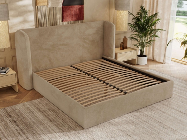 Polsterbett Bett mit Holzlattenrost Schlafzimmer Bett Doppelbett gepolstertes Kopfteil Pocket Matratze - EMORA CLASSIC - 180x200 cm - Beige Plüsch - VIRE LUX Bild 3