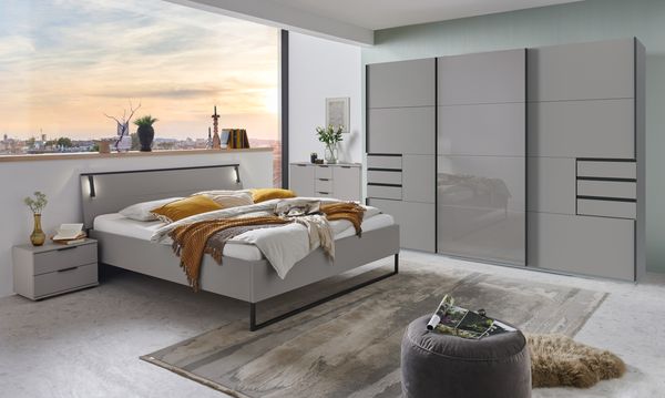 Schlafzimmer-Set >Tilburg< (4tlg.) Bett 188x92x210cm, Schrank, Nachtkommoden, Saharagrau / Grafit
