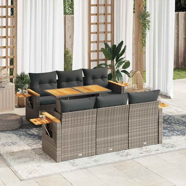 vidaXL 7-tlg. Garten-Sofagarnitur mit Kissen Grau Poly Rattan Akazie 3327560