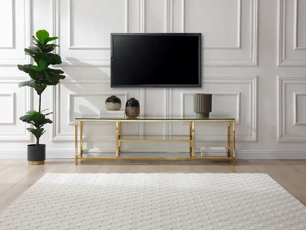 Vente-unique - RIMALI TV Möbel MetallGlas TransparentGoldfarben - B 40 cm x H 46,5 cm x L 160 cm