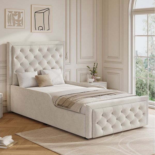 REDOM Polsterbett Beiges Samt-Einzelbett 90x200 cm mit Stauraum (Packung, 1-tlg, Hydraulisches Funktionsbett, inkl. Lattenrost), Gepolstertes Kopfteil, für Kinder- & Jugendzimmer(ohne Matratze)