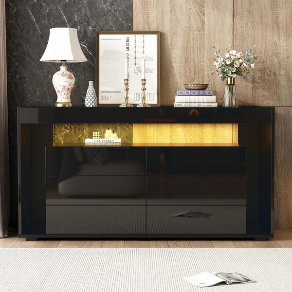 Sideboard mit LED-Beleuchtung 140x40x70 cm, Schwarz Hochglanz, 6 Schubladen, Glasplatte