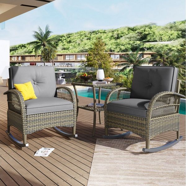 Merax Balkonset, (Gartenmöbel Gartenlounge, 3-tlg, mit grauen Kissen & verstellbaren Füßpolster), Rattan Gartenmöbel-Set Gartenlounge mit 2 Schaukelstuhl & Tisch