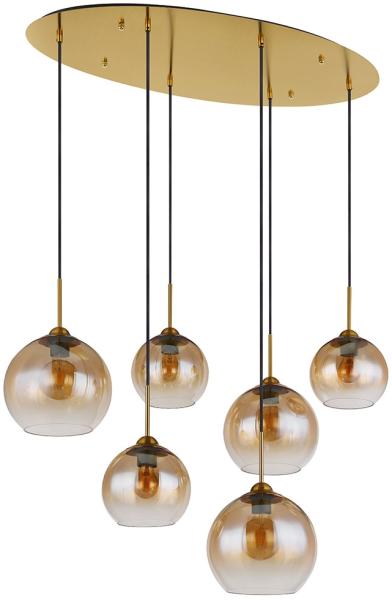 Pendelleuchte, Metall, Messing, Glas Amber, 6-Flammig, L 97,5 cm