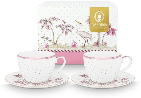 PiP Studio Tasse Jolie Dots Gold Pink Tasse mit Untertasse 280ml Set2, Porzellan