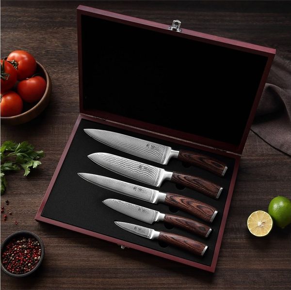 Wakoli Messer-Set Edib 5er Damastmesserset I Kochmesser Küchenmesser I 8 - 20cm Klingen (Damastmesser mit Geschenkbox, 5-tlg, 5er Damastmesser mit Holzbox), aus 67 Lagen Damaststahl, VG10 Stahlkern