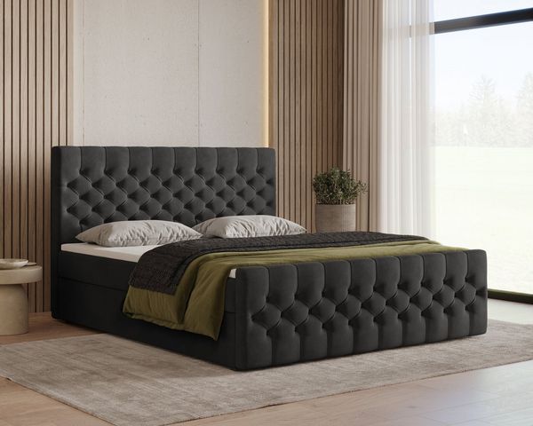 MOEBLO Boxbett Bett 12 (Luxusbett im Chesterfield-Design, 160x200 cm, Velours-Bezug, Hoher Schlafkomfort, modernes Velours-Design mit Steppung Polsterbett Kontinentalbett, dekorativem Kopfteil, aus Samt, inklusive Topper und Bettkasten), (BxHxT):144/16...
