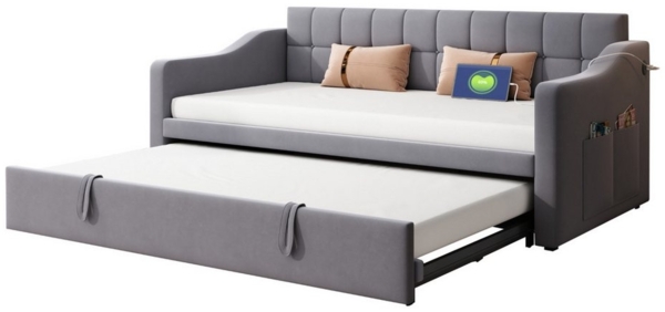 Odikalo Schlafsofa Schlafcouch 90x190, Polsterbett Schlafsofa 2 in 1 Multifunktionsschlafsofa 90x190 180x190, Grau / Hellgrau Samtstoff Polsterbett mit Aufbewahrungstasche