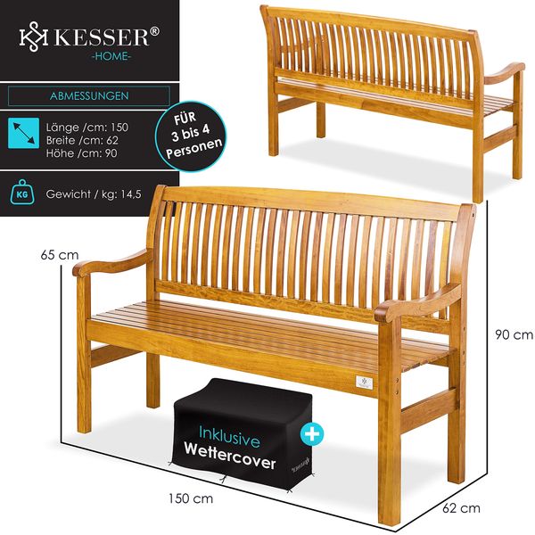 KESSER® Gartenbank Holz Holzbank wetterfest | Für 3 bis 4 Personen | Parkbank aus Massivholz | Sitzbank 320 kg belastbar | Balkonbank Bank für Balkon Terrasse & Garten inkl. Cover Hellbraun, 150 cm Bild 7