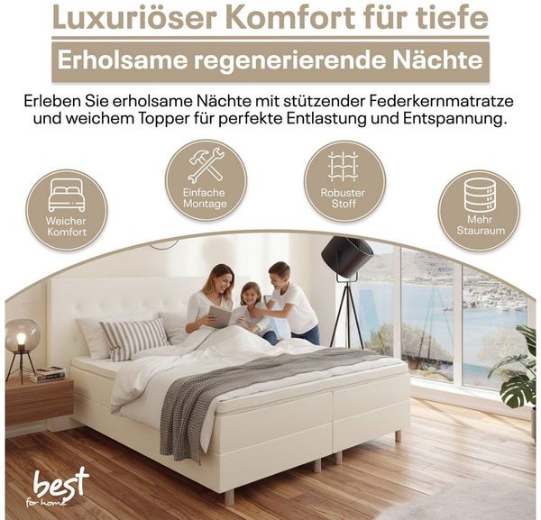 Best for Home Boxspringbett NEO Bonellfederkern inkl. 7 cm Topper (90X200 100X200 120X200 140x200 160x200 180x200 200x200 cm), inkl. Lieferung bis in die Wohnung, TOP- Preis-Leistungs-Verhältnis
