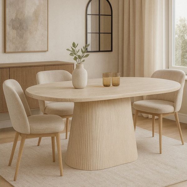 alesvelt Esstisch Dervio massiver Travertin Tisch mit Tischbein im Säulenstil 200cm (1-Tisch), 200 x 100 x 75 cm