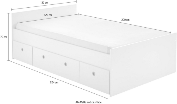 arthur berndt Stauraumbett Bente 1, TOP PREIS, viel Stauraum, 2 Breiten (90cm + 120cm), mit Melamin-Oberfläche, 3 Schubkästen auf Rollen, MADE IN GERMANY Bild 3