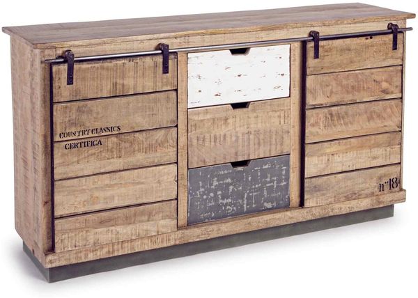 Sideboard Dortula aus Mangoholz, skandinavischer Stil, natur, 150 cm, mit Schiebetüren und Schubladen