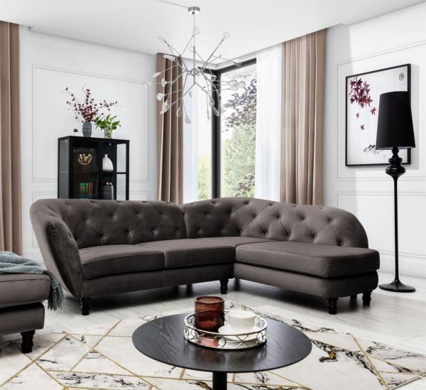 Ecksofa Designersofa CHARLOTTE in Stoff Matt Velvet Braun Ottomane Rechts