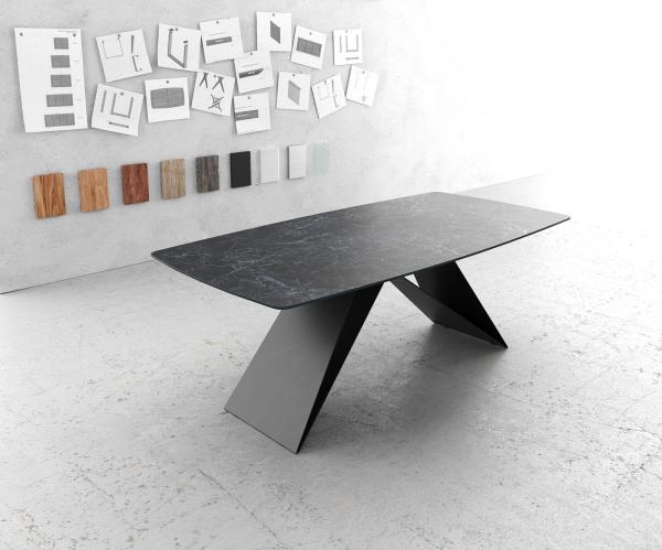 Esstisch Edge Bootsform 200x100cm Laminam® Keramik Nero Greco Anthrazit V-Mittelfuß Schwarz