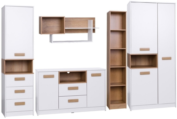 Marmex Möbel Grant 05 Grant G5 Kommode mit Schubladen und zwei Schranktüren, laminierte Spanplatte, weiß+riviera Eiche, 122,5x75,5x40 cm Bild 2