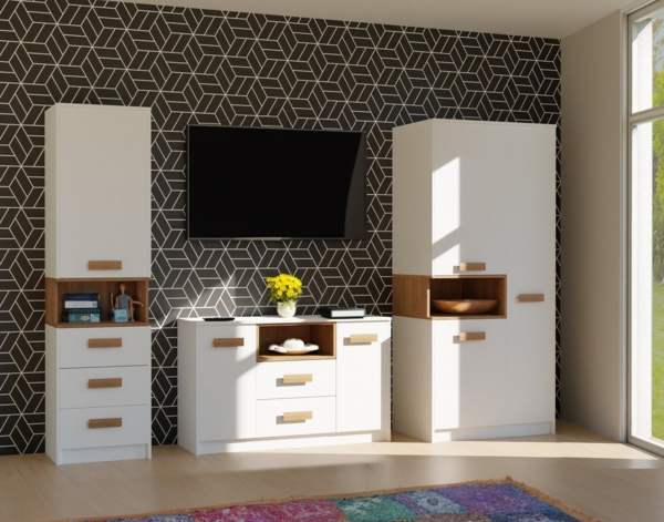 Marmex Möbel Grant 05 Grant G5 Kommode mit Schubladen und zwei Schranktüren, laminierte Spanplatte, weiß+riviera Eiche, 122,5x75,5x40 cm Bild 3