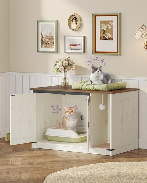 Katzenschrank, Katzentoilette, Katzenklo Schrank, Versteckte Katzentoilette Kabinett Möbel mit Katzenglocke, 100 x 55 x 63 cm, für Flur, Schlafzimmer, Vintagebraun-Weiß