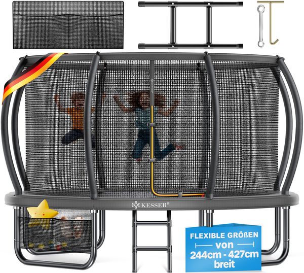 KESSER® Trampolin Outdoor, GS-Zertifikat, Gartentrampolin für Kinder & Erwachsene bis 150 kg mit Sicherheitsnetz, inklusive Tasche, Leiter, Randabdeckung & gepolsterten Netzstangen Anthrazit, Ø 244 cm