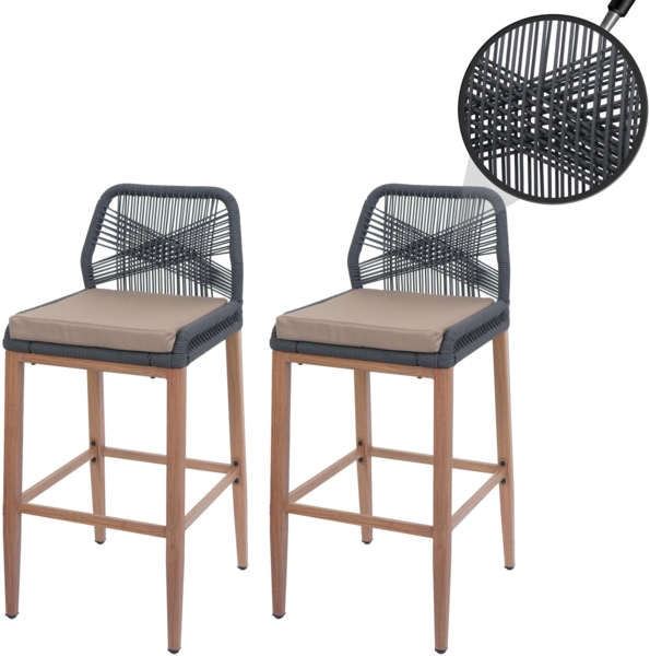 2er-Set Rope-Barhocker HWC-O21, Outdoor Sitzpolster Seilgeflecht Metall Holz-Optik ~ anthrazit, Kissen taupe