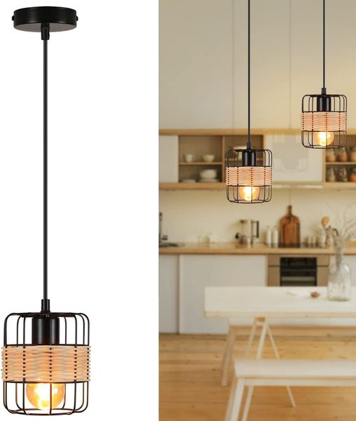 ZMH Pendelleuchte Vintage Hängelampe Rattan - Boho Hängeleuchte Holz 1 Flammig Küchenlampe Hängend Esstischlampe Schwarz in Natur aus Metall Bambus E27 Lampenschirm Korb für Esszimmer Wohnzimmer
