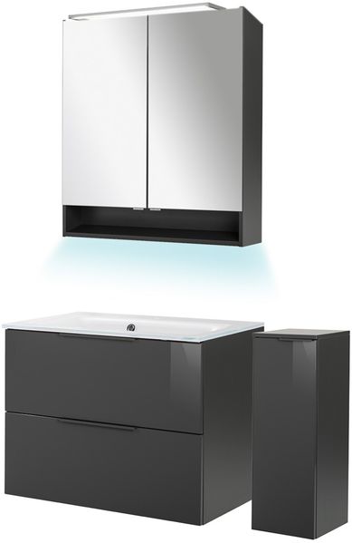 FACKELMANN LUNA Badmöbel Set 5-teilig 80 cm breit, Anthrazit, Waschbecken Glas Weiß + Midischrank + Ambientebeleuchtung