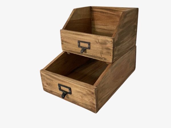 WestCraft Aufbewahrungsbox Stapelbare Holz Apotheker Schubladen Vintage aus Teak Holz, used look (1 St), sichtbarer Inhalt, Besteck-Kasten, Universal-Aufbewahrungs-Box