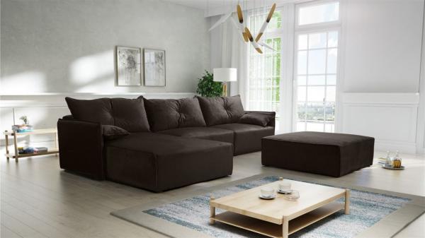 Ecksofa mit Schlaffunktion HUNTER in Royal Dunkelbraun Ottomane Links inkl. Hocker