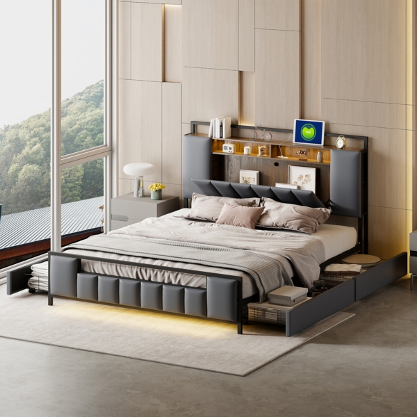 Polsterbett 160x200 cm mit LED-Beleuchtung und Stauraum – Kunstleder, stabiler Eisenrahmen