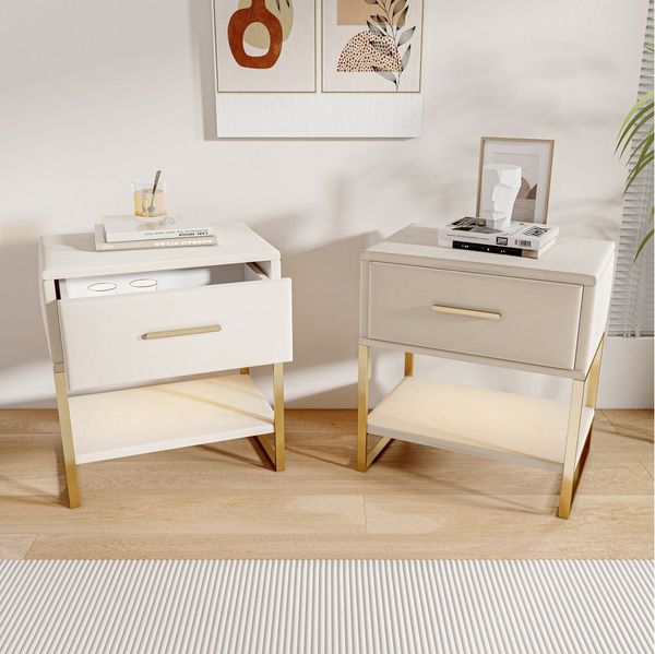Simurq Nachttisch 2er Set,Nachtschrank mit LED Beleuchtung (2er-Set), LED-Leuchten, 40 x 31 x 50 cm, beige