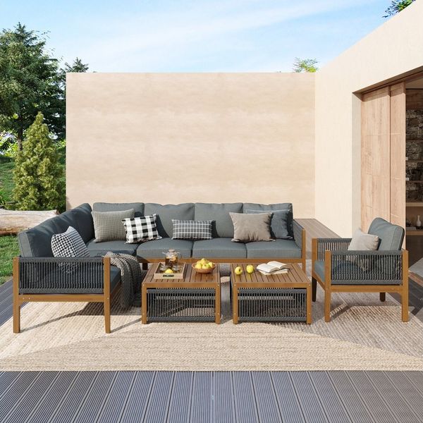 BBWL Gartenlounge-Set mit Akazienholz, Sofa, 2 Tische, wetterfest, Kissen abnehmbar waschbar, Gartenmöbel Sitzgruppe 7–8 Personen Lounge Set