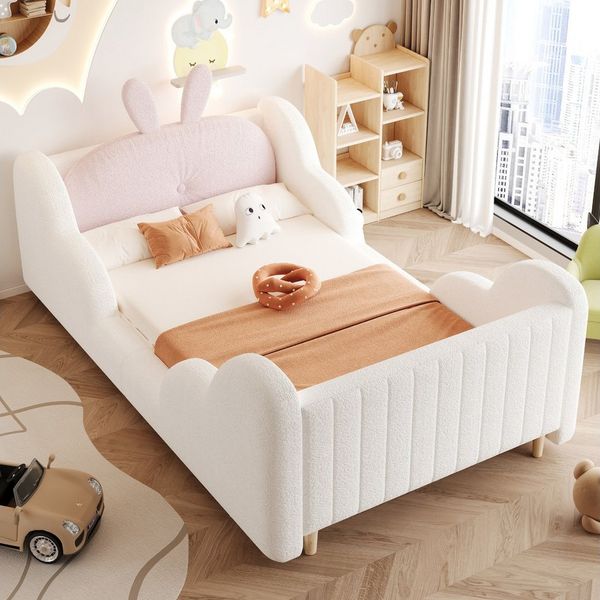 Flieks Polsterbett, Kinderbett 90×200cm mit Hasenform-Kopfteil und Wolkenform-Seitenteil