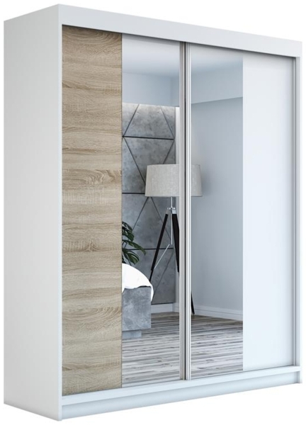 Schwebetürenschrank ELEGANZE 2-türig Schrank 180 cm (mit Spiegel) Farbe: Weiß , sonoma