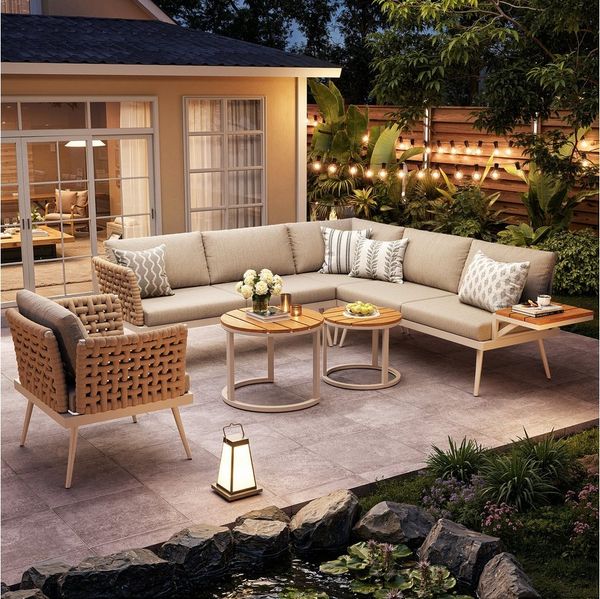 Flieks Gartenlounge-Set, 6-Sitzer L-Form Gartensofa Eckgarnitur mit 2 stapelbaren Couchtische