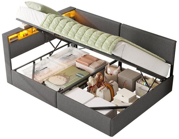 MSMASK Polsterbett mit USB-Steckdosen & LED-Kopftei, Hydraulischem Stauraum (1-tlg, Ohne Matratze), Daybett Kinderbett Jugendbett Schlafsofa 140x200 cm