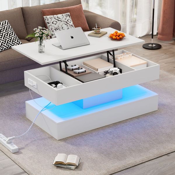 Couchtisch 100 x 50 x 42 cm, höhenverstellbar, mit LED-Beleuchtung, verstecktem Stauraum und Steckdosen