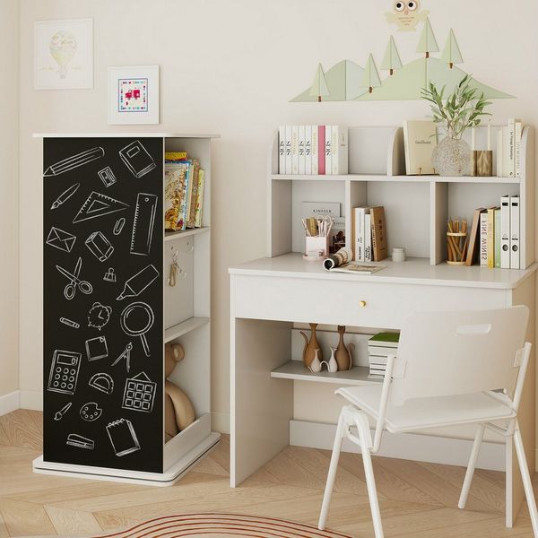 COSTWAY Kinderregal, Holz, 360° drehbares Eck-Regal mit Tafel & Spiegel