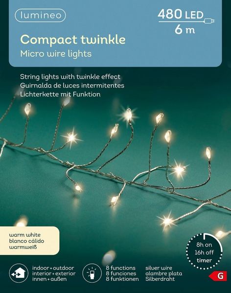 Lumineo LED-Lichterkette Lumineo Micro-LED COMPACT TWINKLE 480 LED 6 m warm weiß, Silberdraht, Indoor/Outdoor, 8 Funktionen, 8h-Timer, + 5 Meter