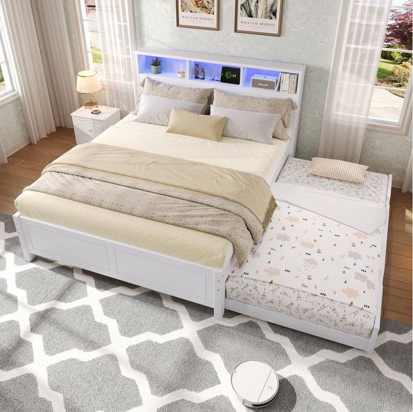 MODFU Holzbett Spleißbett mit Umgebungslichtstreifen (mit Ausziehbett, LED-Umgebungslicht, Ladebuchse, Kopfteil-Aufbewahrung, 120x200 cm & 90x190 cm, Kinderzimmer, Gästezimmer), ohne Matratze