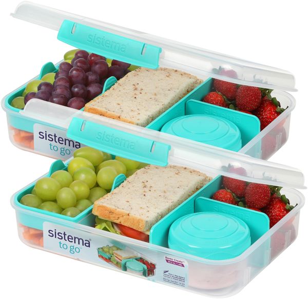 Sistema Bento Box Create Brotdose mit Fächern | 1,48 L Lunchbox mit Joghurt- /Fruchtbehälter | Lunchbox Kinder & Erwachsene | Blaugrün | 2 Stück